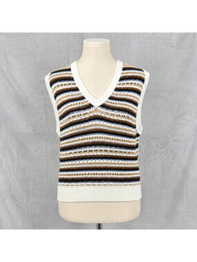 Laura Crochet Knit Sweater Vest Boho Striped V Neck Women’s XL Layering Coastal
